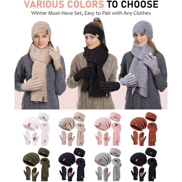 Women Winter Beanie Scarf Gloves Headband Set Knit Warm 4 Piece Gift Navy - Picture 6 of 7